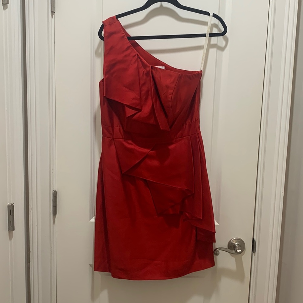 Shoshanna, red one shoulder, midi dress, Size 8, NEW